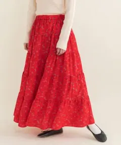 新品 クロス フラワー プリント ティアード スカート レッド 赤 花柄 ロングのサムネイル