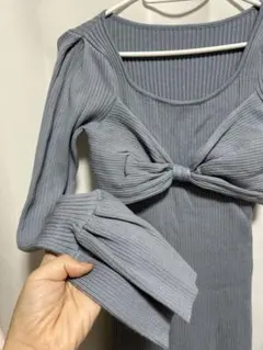 《売り切りセール》リボン付きグレーリブニットワンピース