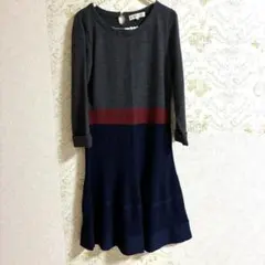 組曲 ニットワンピース バイカラー 朱色ライン ウール混 サイズ2