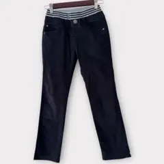 【150cm】キッズ ストレッチパンツ ブラック ウエストリブ ボーダー柄