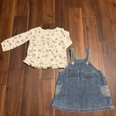花柄トップスとデニムオーバーオールセット
