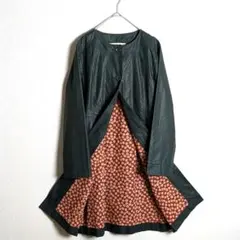 ローラアシュレイ　ノーカラーコート　裏地花柄　濃グリーン　Aライン　古着