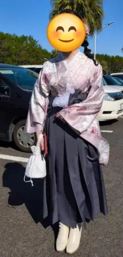 【美品】袴3点セット 卒業式 大学生 グレー ピンク 牡丹 　Fサイズ　小物付き