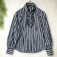 極美品 バーバリーブルーレーベル フリルブラウス ストライプ ロゴ刺繍 38 M