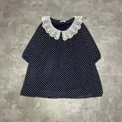 ヴィンテージ　ネイビー水玉レース襟五分袖ブラウス