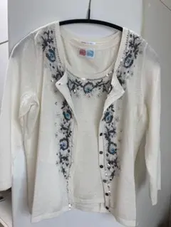 刺繍入りアイボリー長袖カーディガン ノースリーブ セット