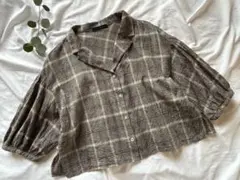 w closetチェック柄　クロップド丈　七分バルーン袖ブラウス　コットンリネン