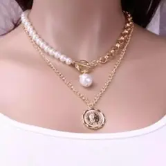 バロックパール　コイン　マンテル　ネックレス　重ね付け　2点セット　ゴールド