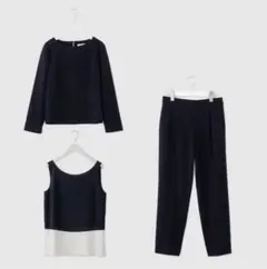 美品✨PLST ペプラムブラウスパンツセットアップ 紺　L 洗濯可　ネイビー