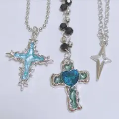 シルバーネックレス3点セット｜十字架｜星｜light blue