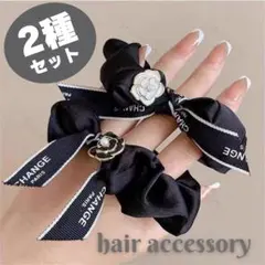 【２種セット】ヘアアクセサリー ヘアゴム シュシュ カメリア ロゴリボン