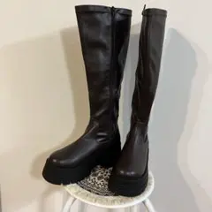 未使用　厚底　ロングブーツ　サイドジップ　ストレッチ　XL 茶　美脚　匿名配送