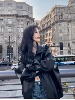 春のお出かけにピッタリ♪レザー風ジャケット ゆったりシンプルデザイン