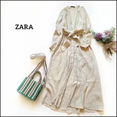 ザラ●美品/リボンベルト付き♪ストライプ柄リネン混ロング丈シャツワンピース