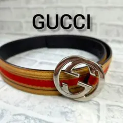 【正規品】GUCCI ベルト インターロッキングG ウェブストライプ レザー
