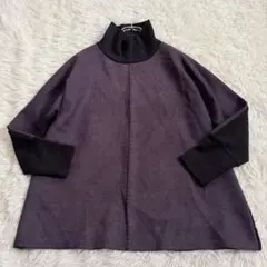 ドッキング ハイネック長袖ニット カットソー Aライン スウェード ストレッチ