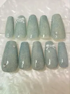 シンデレラご令嬢ネイル♡水色ラメ×リボンきらめき上品デザインちゅるん韓国ワンホン