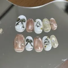 50 冬ネイル クリスマスネイル リボンネイル マグネットネイルショートオーバル