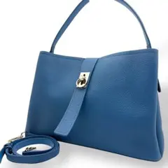 美品 バルコス ハンドバッグ 2way シュリンクレザー ブルー系 金具ロゴ