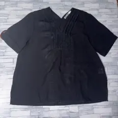 黒のVネック刺繍半袖シャツ ikka
