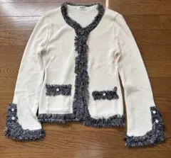 MU ノーカラーニットジャケット フリンジ 生成り×グレー 上品 ツイード調