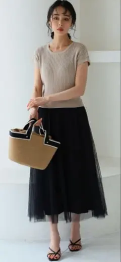 リブニット＆チュールスカート大人のドッキングワンピース