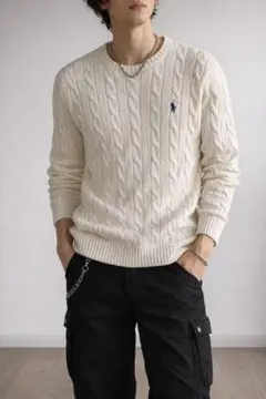 美品☆ラルフローレン メンズ 綿 コットン100% セーター　ケーブルニット 白