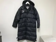 本物プーマPUMAナイロンロゴ刺繍ロング丈ダウンベンチコートロング丈メンズ紺XL