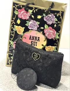 【未使用】ANNA SUIハートロゴブラックレースポーチ　ミラー付きのサムネイル