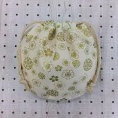 11『まんまる巾着』花柄 巾着袋 金色 桜 紐付き ハンドメイド 布製 オレンジ