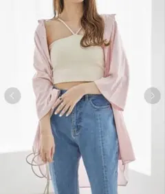 【新品】Heather /ストライプオーバーシャツ(半袖) ピンク 5分袖 Fのサムネイル