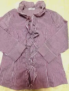 お値下げ　NARACAMICIE フリル付き紫と白ストライプ８分袖シャツ　S