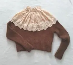ZARA レース付きフリルネック ブラウン ニットセーター　M