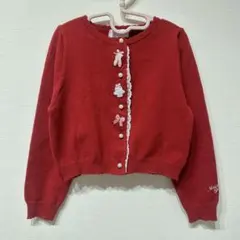 メゾピアノ　バレエモチーフワッペン　ニットカーディガン　赤　M110-120cm