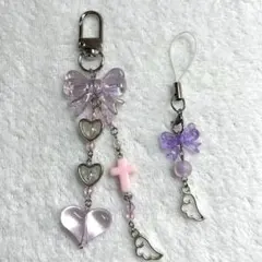 No.61 ビーズキーホルダー 韓国 量産型 紫 パープル ハート リボン