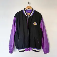 90s JEFF HAMILTON LAKERS レザースタジャン L 黒紫のサムネイル