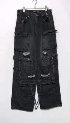 ARULE 古着 ブラック デニム バギー カーゴパンツ ダメージ加工
