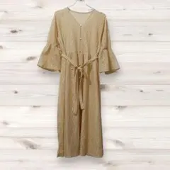 D0275 ヴィンテージ ロングワンピース 長袖 (M) 黄 総柄 柄もの