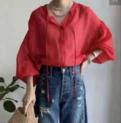 DouDou ドゥドゥ　前後2WAYシアーブラウス 赤　フリー