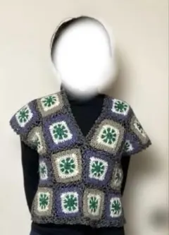ハンドメイド グラニースクエアデザイン ニットベスト 手編み