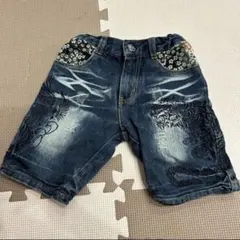 雅結 和柄 刺繍　デニムハーフパンツ　キッズ　kids 100㎝
