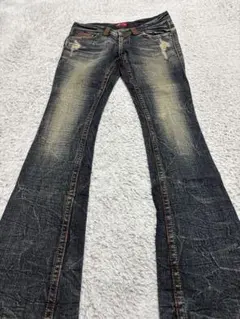 レザー　ダメージ加工 ダークブルーデニム フレアパンツ