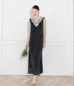 LEJA】レースネック透け袖スリットキラキラロングドレスワンピース