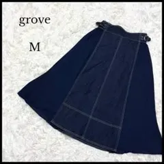 美品【grove】グローブ デニムフレア異素材プリーツスカート M レディース