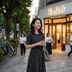 テチチ ドット柄 ウエストギャザー フレアワンピース M 黒 白 日本製のサムネイル