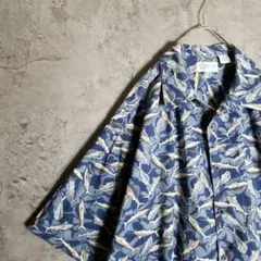 魚柄　総柄シャツ　ブルー　オーバーサイズのサムネイル