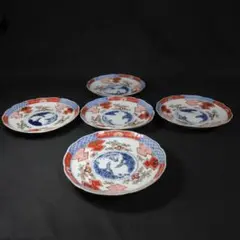 中皿 5枚 金彩 色絵付 歪み 窯傷 松竹梅 花文様 唐草 江戸 明治