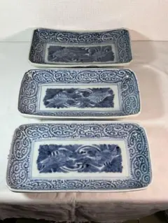 曳(ひ)き舟の絵柄 長皿(幅19cm)」 古伊万里色絵皿 3客セット 骨董アン
