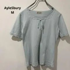 Aylesbury M 半袖ニット 水色 リボン レース編み 上品 可愛いのサムネイル