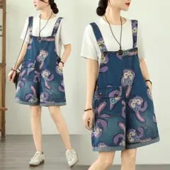 可愛い プリントI サロペット オーバーオール ショートパンツ デニム 新品